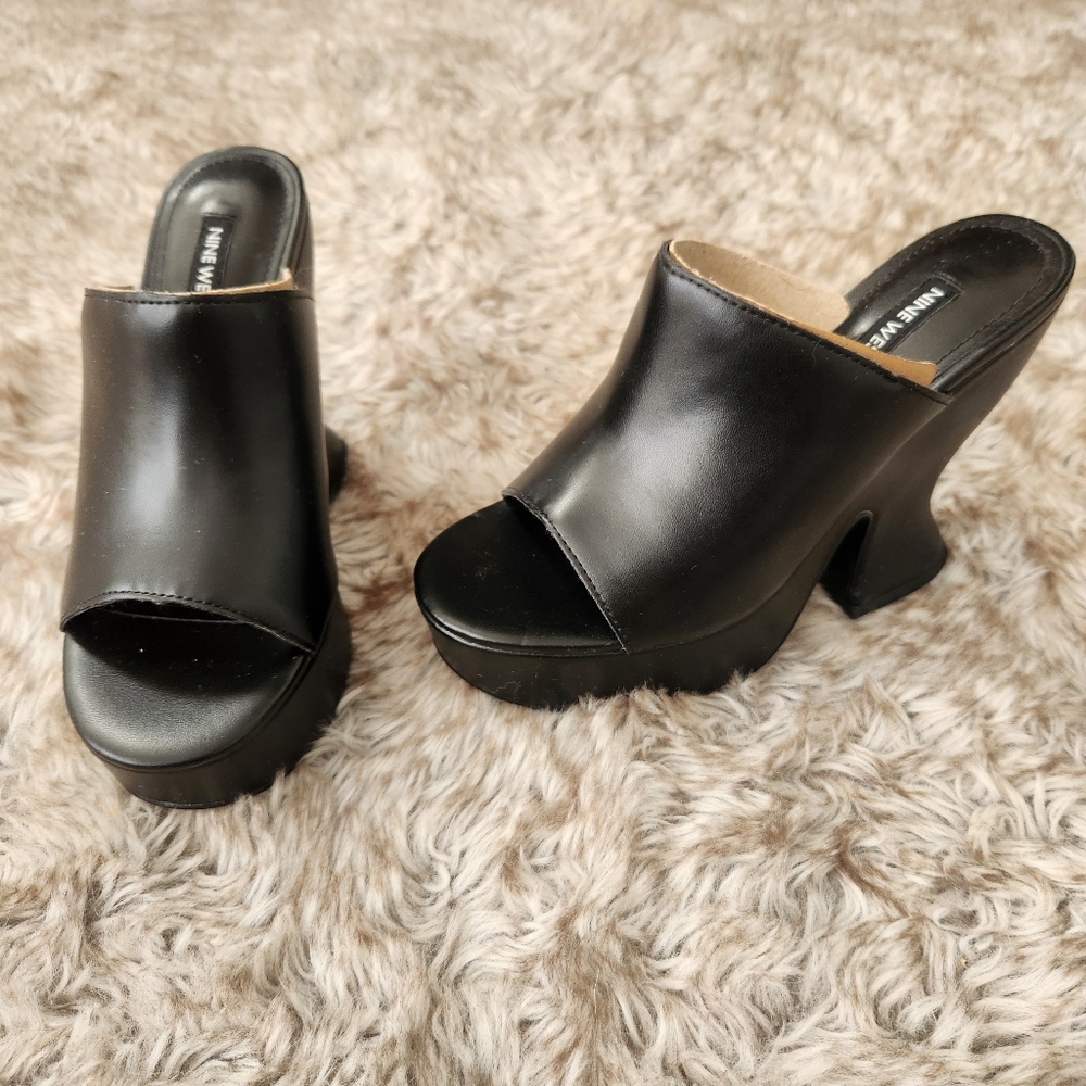 Nine West Flower Platform Slide Sandal Mules Black Women's‎ Size 6 1/2